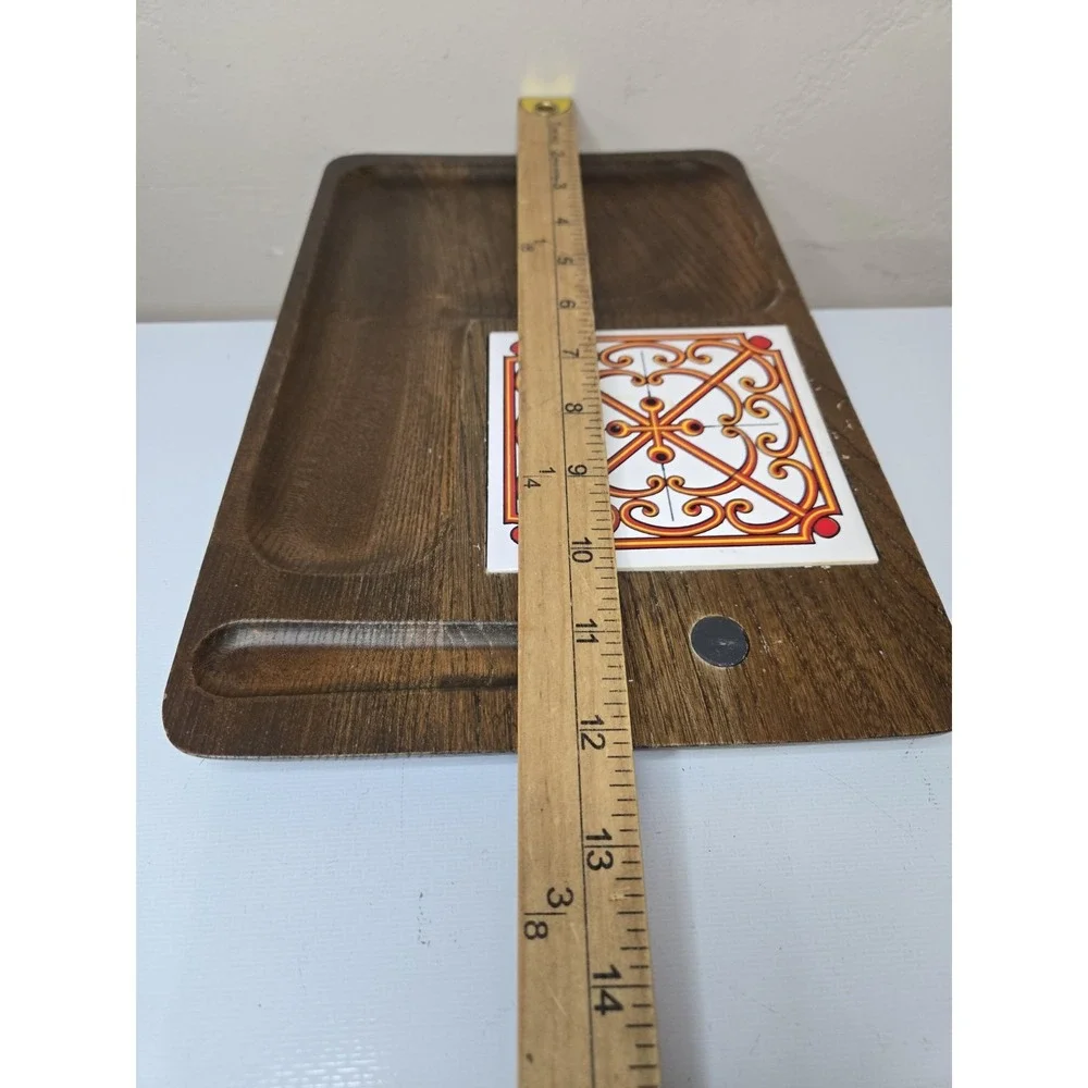 Vtg 1970s Japanese Keyaki Wood Cheese Board Charcuterie Tray Orange Scroll Tile